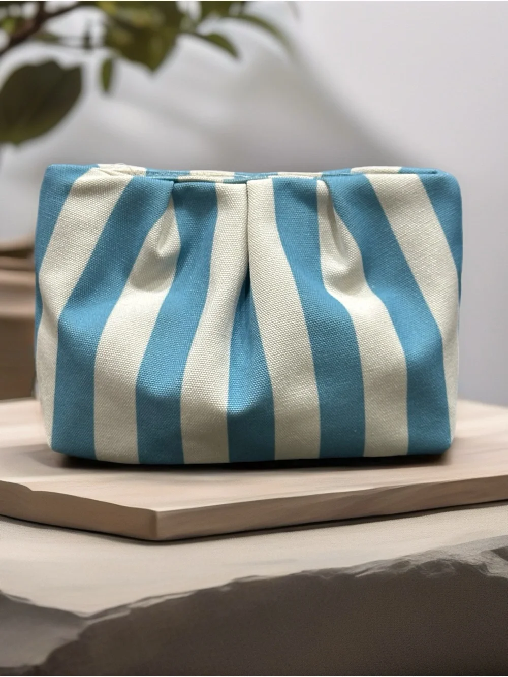 Striped Blue and Cream Canvas Cosmetic Pouch